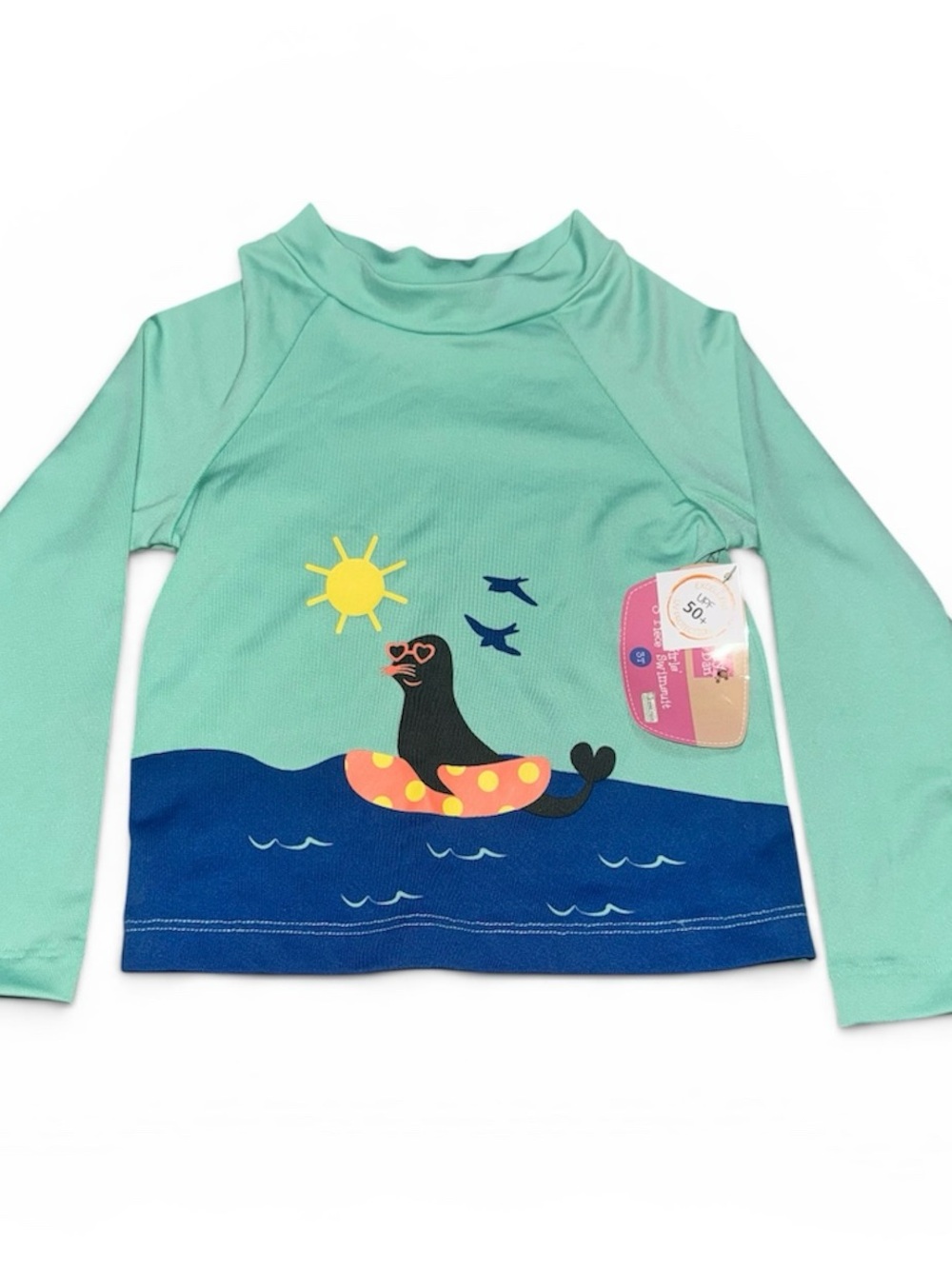 Mint Green Kids Long-Sleeve Rash Guard with Seal Float Graphic